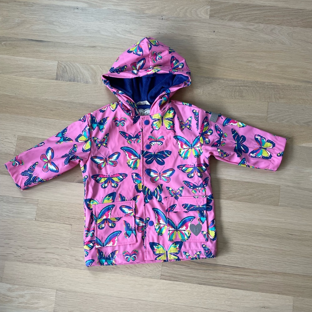 Hatley butterfly print lined raincoat, 2T, never worn